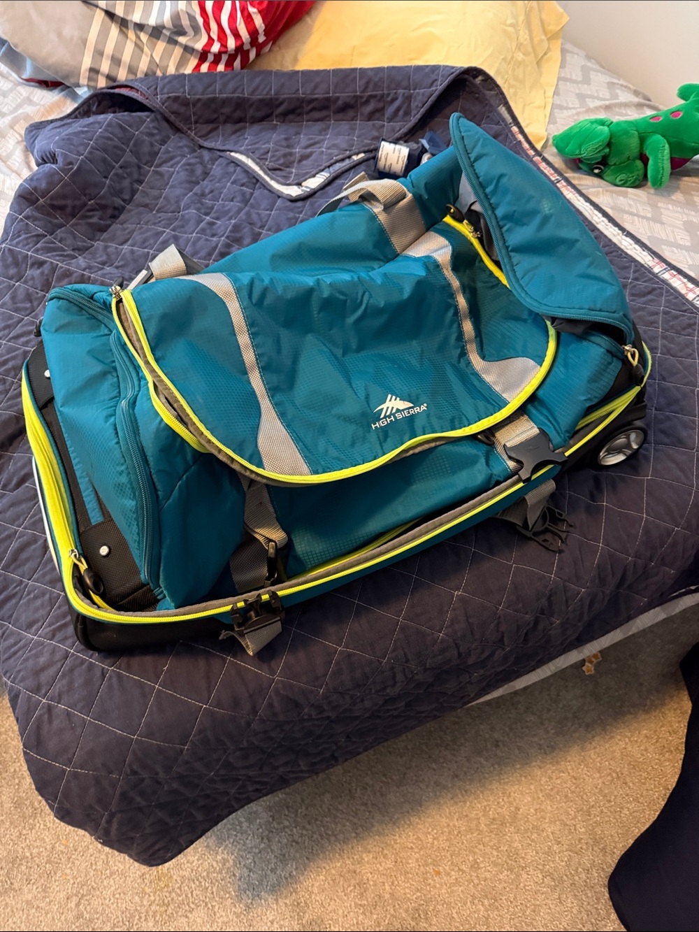 High Sierra Teal and Lime Green Rolling Duffel